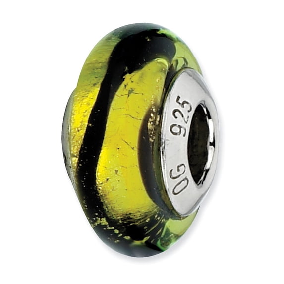 Fancy Bead White Sterling Silver Glass 13.64 mm 7.27 Reflections Lime Black Stripes Italian Murano Bead