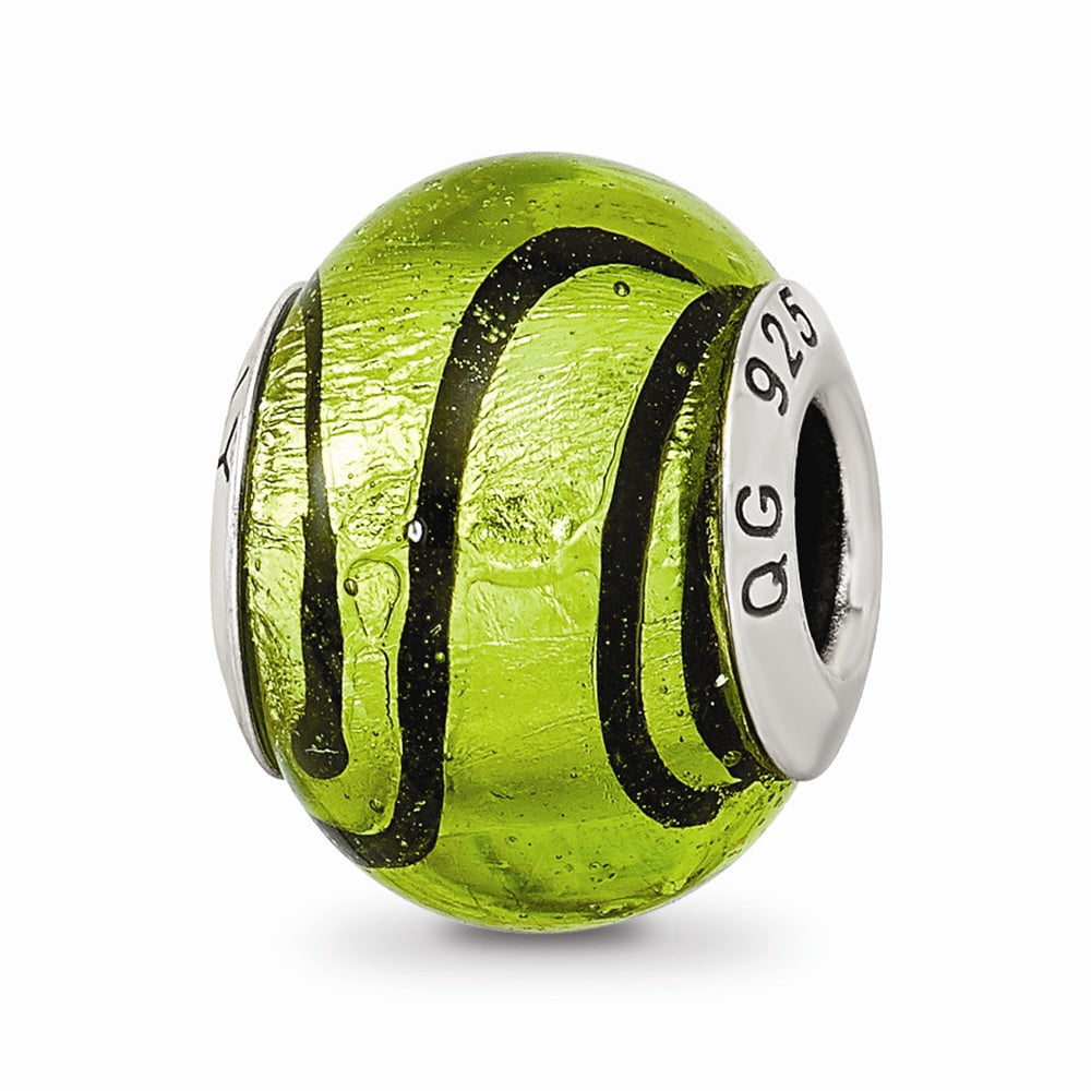 Fancy Bead White Sterling Silver Glass 15.45 mm 10.91 Reflections Green Black Italian Murano Bead