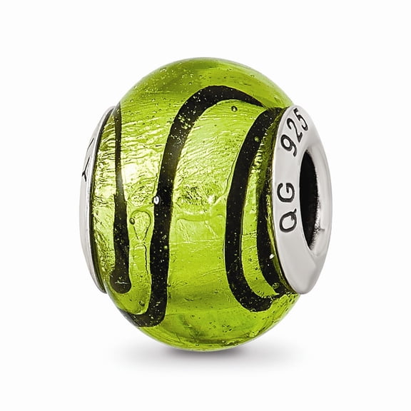 Fancy Bead White Sterling Silver Glass 15.45 mm 10.91 Reflections Green Black Italian Murano Bead