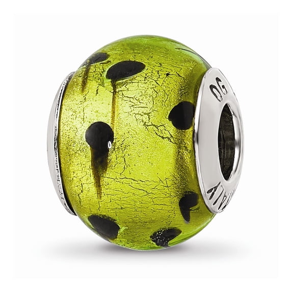 Fancy Bead White Sterling Silver Glass 15.45 mm 10.91 Reflections Green Black Italian Murano Bead