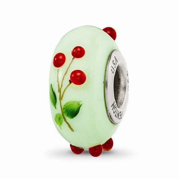 Fancy Bead White Sterling Silver Glass Sterling Silver Reflections Green Hand Painted Cherries Fenton Bead