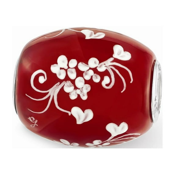 Fancy Bead White Sterling Silver Glass Sterling Silver Reflections Red Hand Painted Floral Hearts Fenton Bead