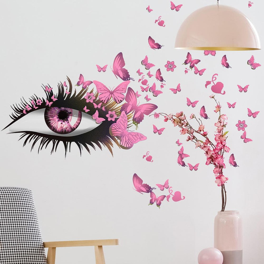 Fancy Beautiful Butterflies Wall Art Long Eyelashes Eye PVC Sticker for