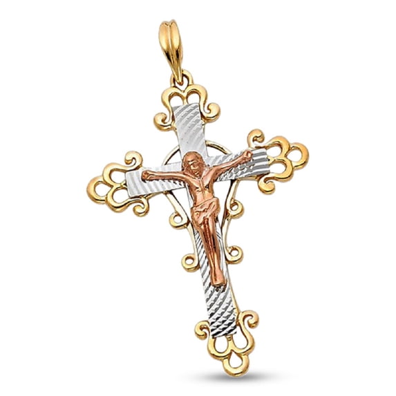 Fancy Budded Crucifix Pendant Solid 14k Yellow White Rose Gold Jesus Cross Charm Fancy 36 x 27 mm