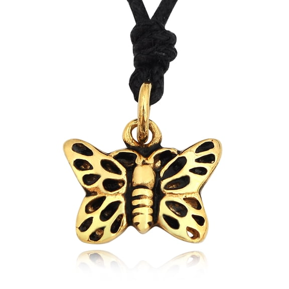 Fancy Butterfly Insect Gold Brass Charm Necklace Pendant Jewelry With Cotton Cord