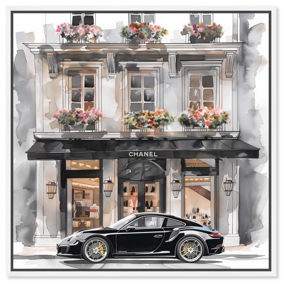 Fancy Car Storefront Canvas Fashion Illustration by Art Remedy, White Frame, 16" x 16"