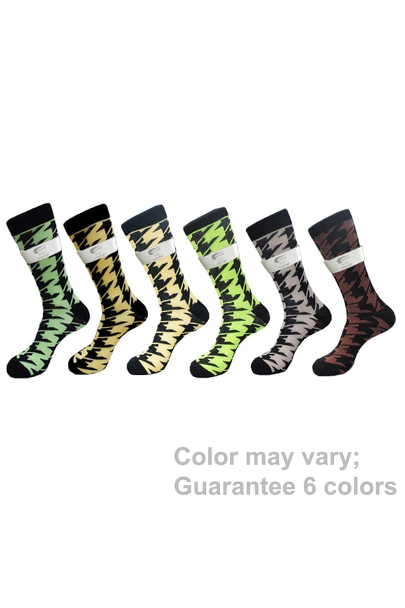 Fancy Casual Men's 6 PAIRs Houndstooth Check Cotton Crew Dress Socks, Tube Gift Sock, Size 10 - 13