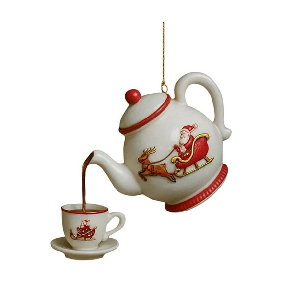 Fancy Christmas Teapot Ornament - Floral Tea Pot Set Tree Deocr Hanging Ornaments, 2D Acrylic China Holly Vintage Christmas Tea Cups & Teapot for Festive Decor, Gift for Tea Lovers