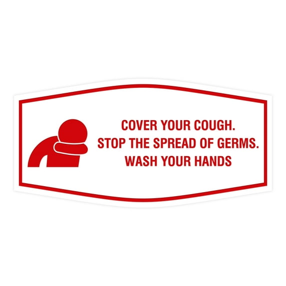 Fancy Cover Your Cough Stop the Spread Of Germs Wash Your Hands Sign (White/Red) - Medium 3.5x7"