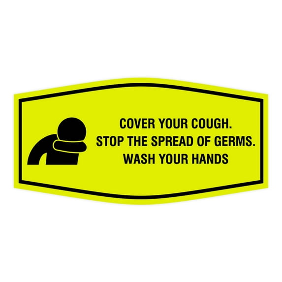 Fancy Cover Your Cough Stop the Spread Of Germs Wash Your Hands Sign (Yellow / Black) - Medium 3.5x7"