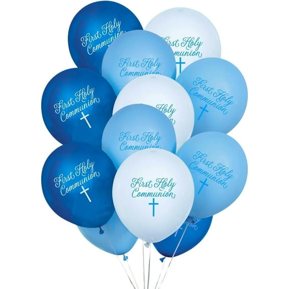 Unique Fancy Blue Cross First Holy Communion Latex Balloons, 12" (Pack of 8), Blue, White