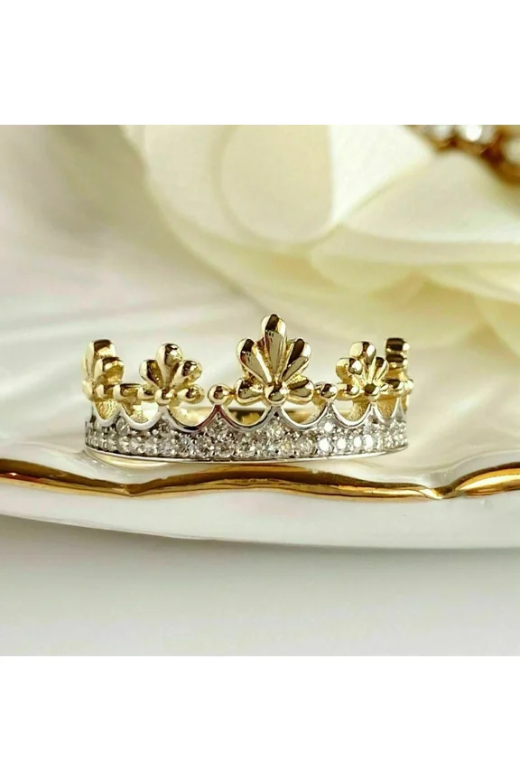 Fancy Crown Tiara Ring 0.50CT Lab Created Diamond Round 14K Yellow Gold Plated