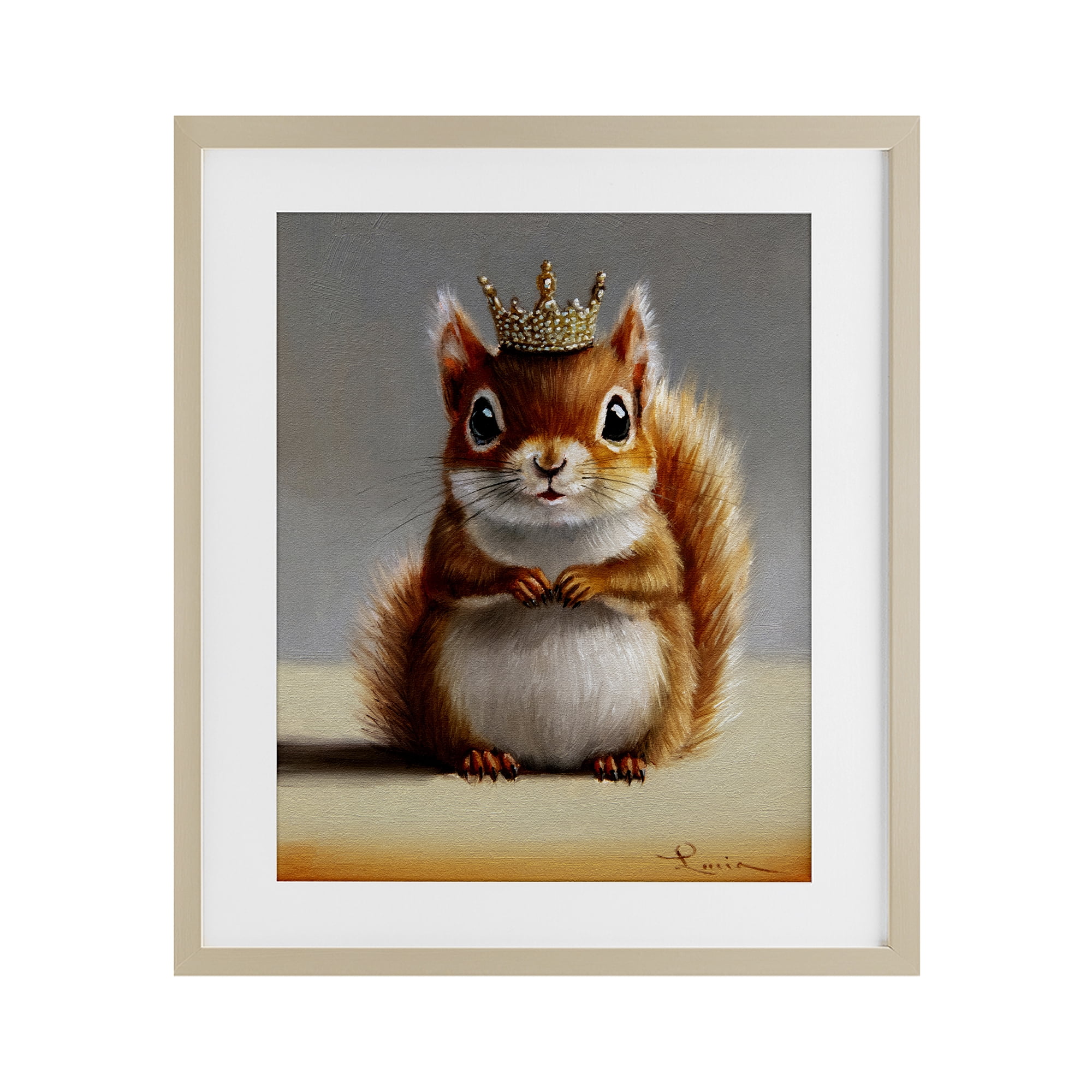 Fancy Crowned Squirrel Birch Framed Print Under Glass, design by Lucia Heffernan
