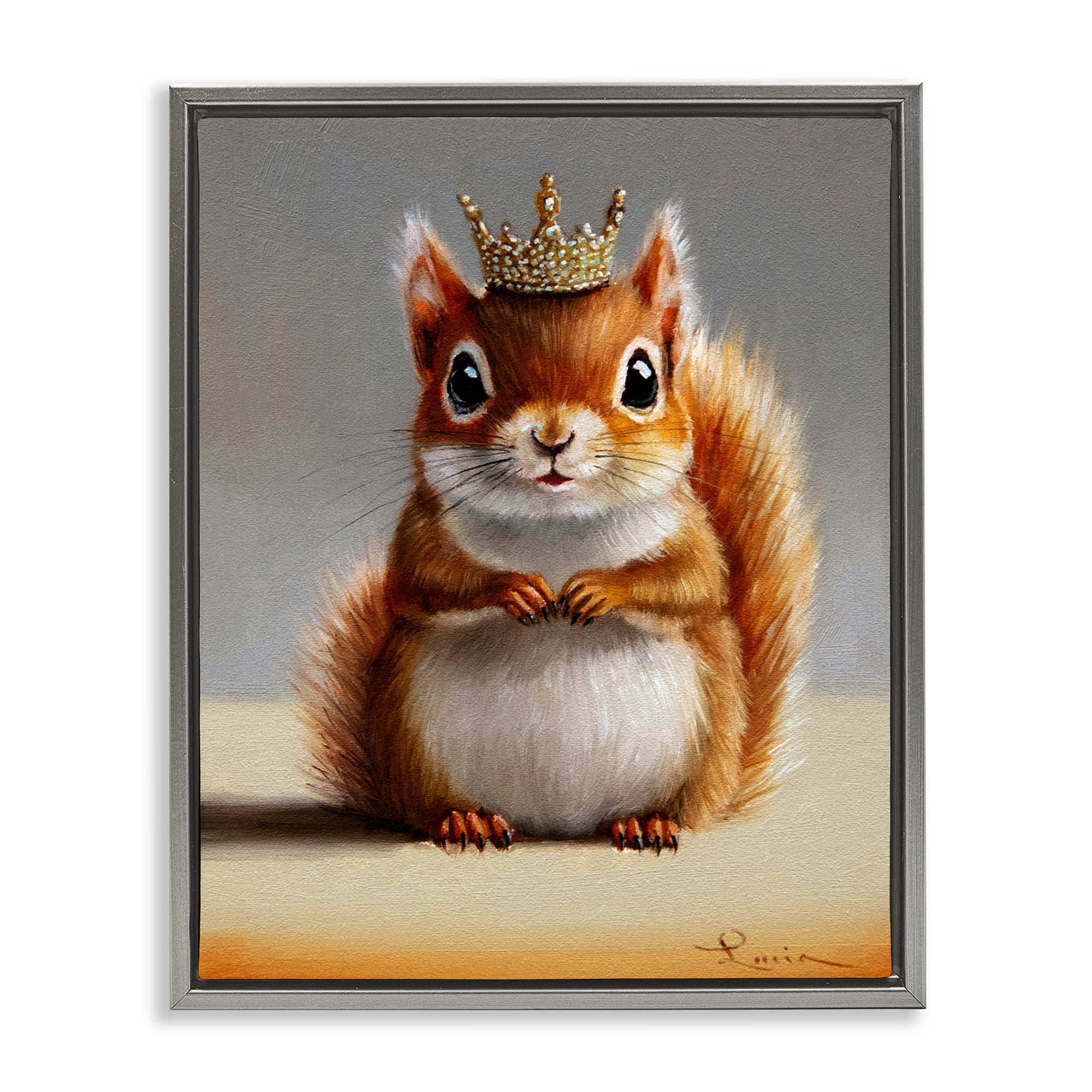 Fancy Crowned Squirrel Gray Framed Floater Canvas Wall Art, design by Lucia Heffernan