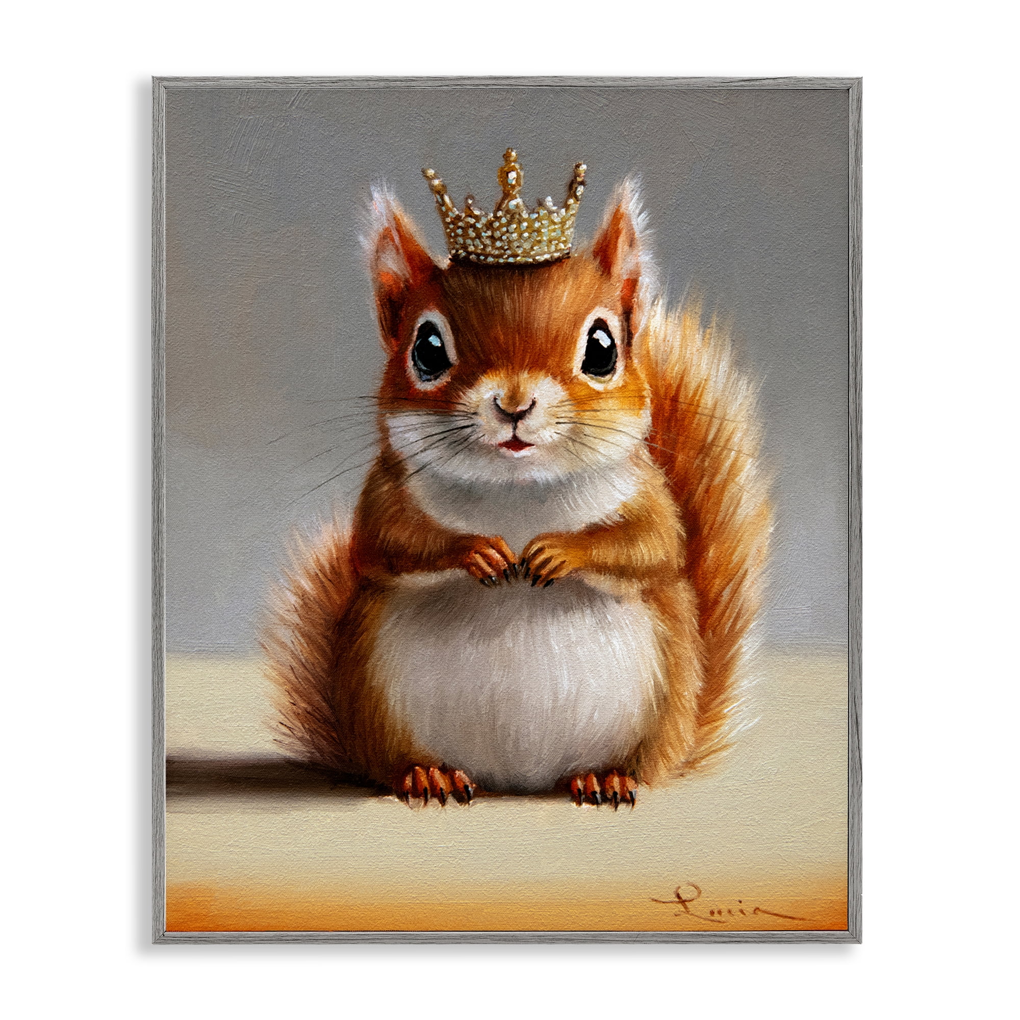 Fancy Crowned Squirrel Gray Framed Giclee Art, design by Lucia Heffernan