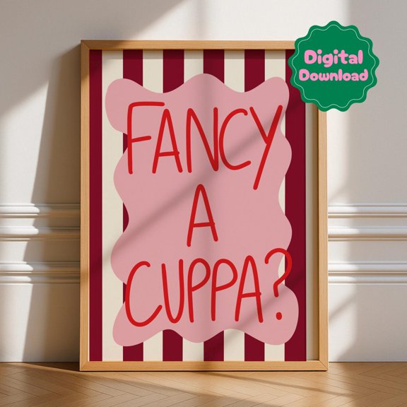 Fancy Cuppa Green Kitchen Typography Wall Art Decor Unframed Paper Print