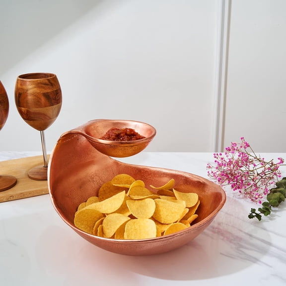 Fancy Curved Chip and Dip Serving Bowl Rose Gold Brass Tiered Snack, Candy & Salad Bowl Decorative Centerpiece Serving Platter for Nuts, Chip and Dip, Salsas, Food Tray, Serveware Home Decor Gift