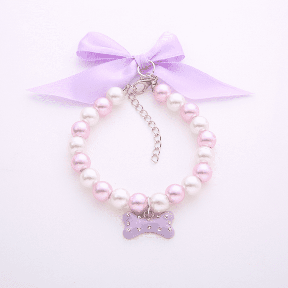 Fancy Diamond Pearl Dog Necklace Collar Jewelry with Bling Rhinestones Bone Charm for Pets Cats Small Dogs Girl Teacup Chihuahua Yorkie ,Purple,S