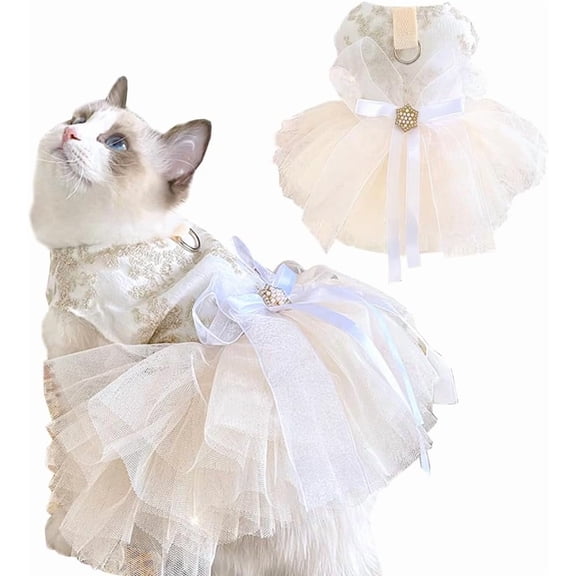 Fancy Dog Dresses with Leash Ring, Embroidered Dog Wedding Dress, Bow Puppy Clothes for Small pet Girl Multi-Layer Lace Tutu Cat Outfit for Kitten Chihuahua Yorkie,Medium