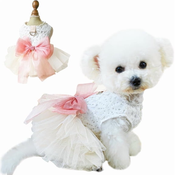 Fancy Dog Dresses with Leash Ring, Embroidered Dog Wedding Dress, Bow Puppy Clothes for Small pet Girl Multi-Layer Lace Tutu Cat Outfit for Kitten Chihuahua Yorkie,Medium