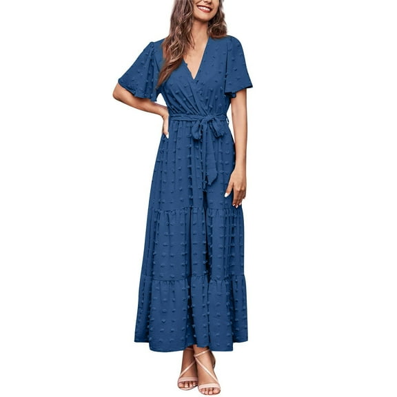 Fancy Dress, Polka Dot Smocked Casual V Neck Tunic Pleated Short Sleeve Beach Vacation Long Dress For Women 2025 Elegant Classy Winter Baby Shower Dress Lace Dresses (M, Navy) ZMTing