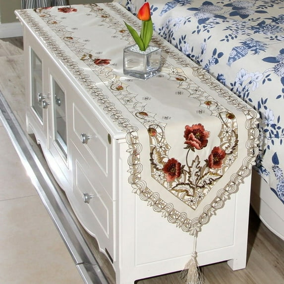 Fancy Embroidered Floral Lace Table Runner, Translucent Gauze Table Cloth, Elegant Home Decor, Multiple Sizes Available (15.7x59 inches), Style 1