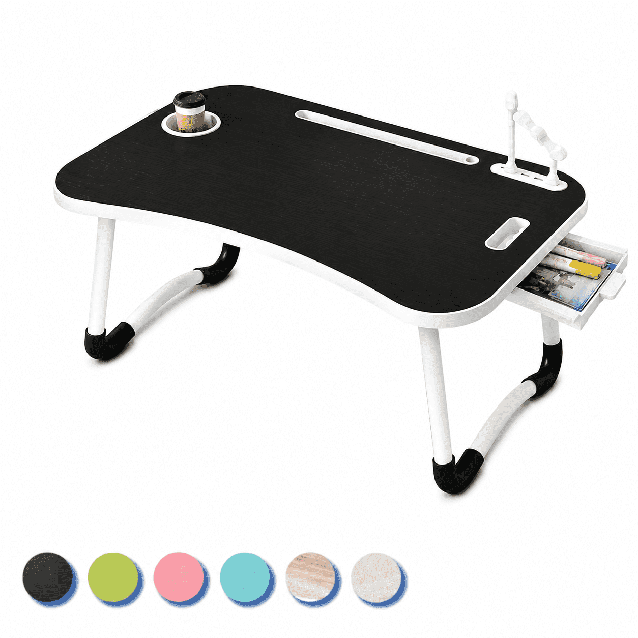 Oversized Foldable Laptop Bed Desk with Cup Holder Drawer USB Ports Fan and LED Lamp Portable Bed Tray Table for Eating Reading Working and Studying,Black.