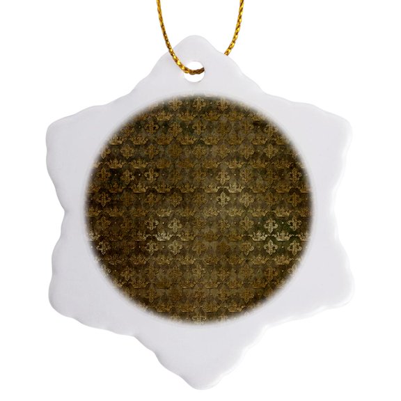 3drose, Fancy Faux Gold Crowns and Fleur De Lis on Grunge Brown Pattern, 3 inch Snowflake Porcelain Ornament