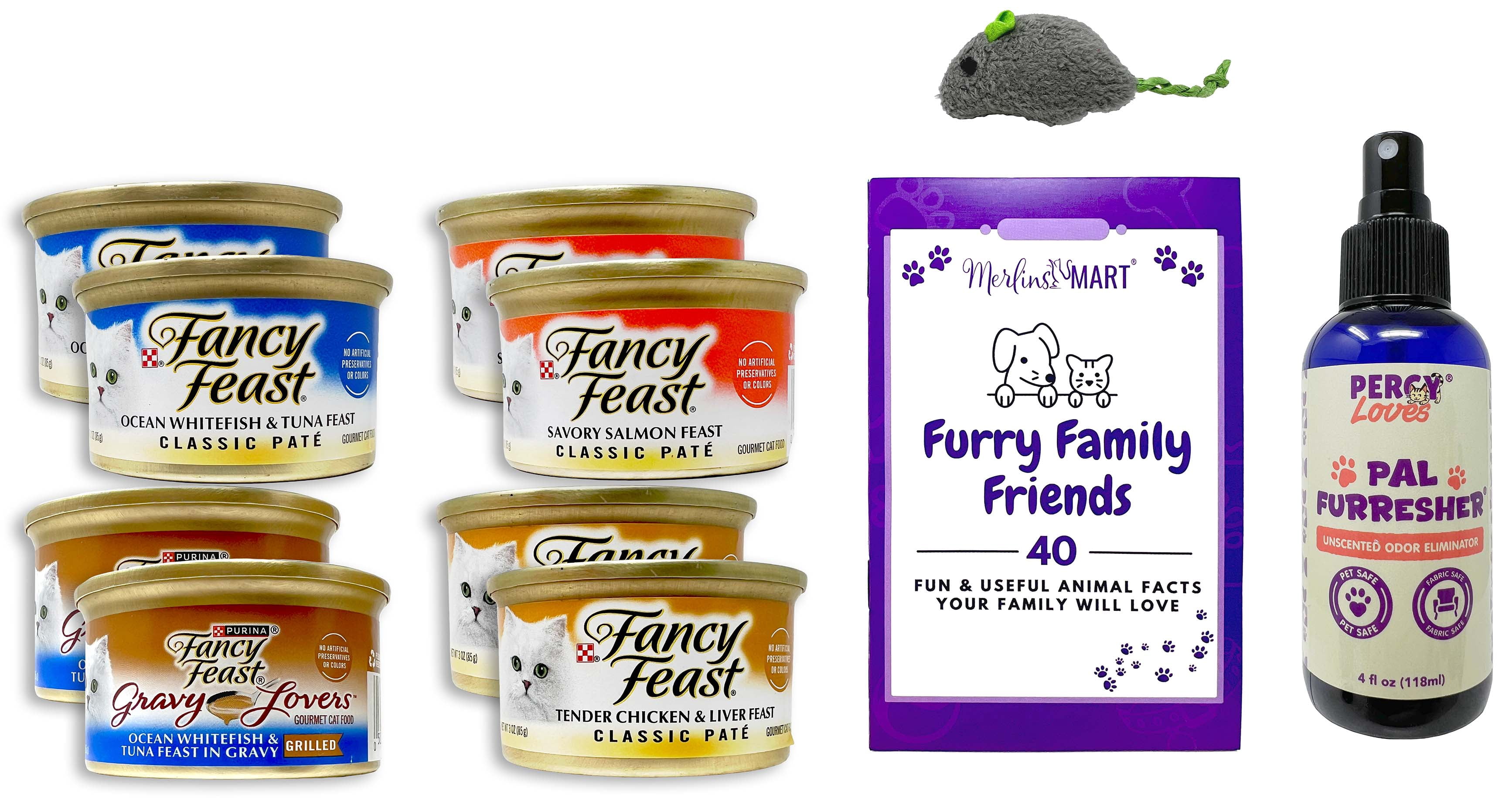 Fancy Feast 4 Flavor Variety Pack; 2 Each: Ocean Whitefish, Tender Chicken, Salmon, Grilled Whitefish | Percy Loves Pet Furresher, Cat Toy, MerlinsMart Zine
