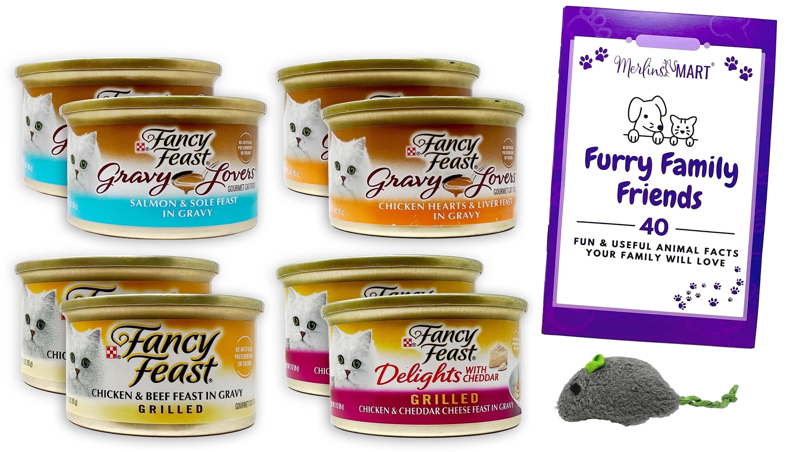 Fancy Feast Adult Cat Food 4 Flavor Grilled Sampler - 2 Each: Chicken Hearts and Liver,  Salmon and Sole, Chicken and Beef, Chicken (3 oz.) | MerlinsMart Zine & Catnip Toy