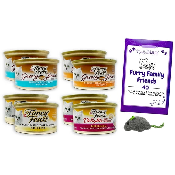 Fancy Feast Adult Cat Food 4 Flavor Grilled Sampler - 2 Each: Chicken Hearts and Liver,  Salmon and Sole, Chicken and Beef, Chicken (3 oz.) + MerlinsMart Zine | Catnip Toy