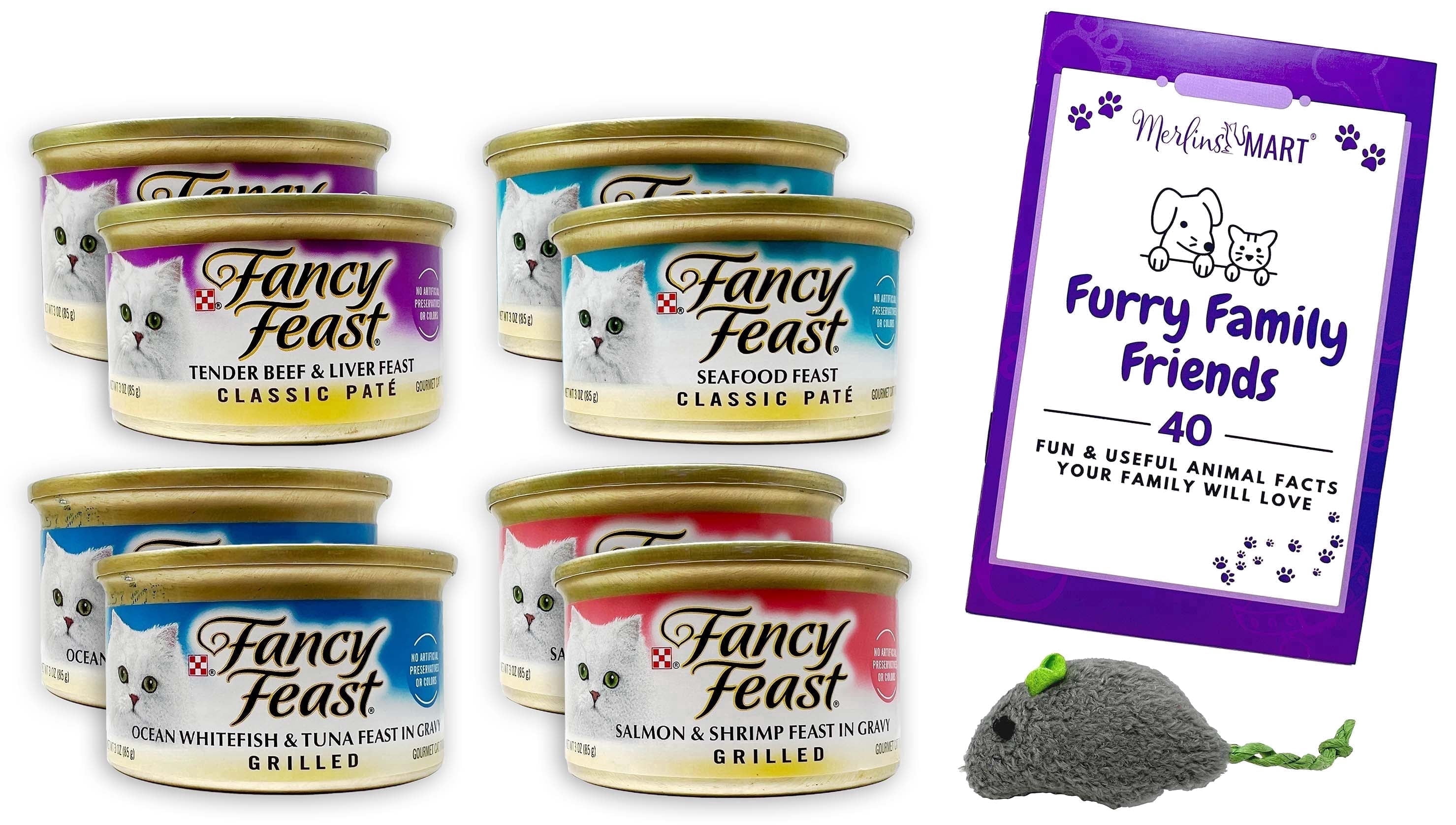 Fancy Feast Adult Cat Food Pates - 4 Flavor Sampler, 2 Each: Seafood Pate, Beef & Liver Pate, Salmon & Shrimp, Ocean Whitefish & Tuna + MerlinsMart Zine | Catnip Toy