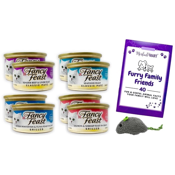 Fancy Feast Adult Cat Food Pates - 4 Flavor Sampler, 2 Each: Seafood Pate, Beef & Liver Pate, Salmon & Shrimp, Ocean Whitefish & Tuna + MerlinsMart Zine | Catnip Toy