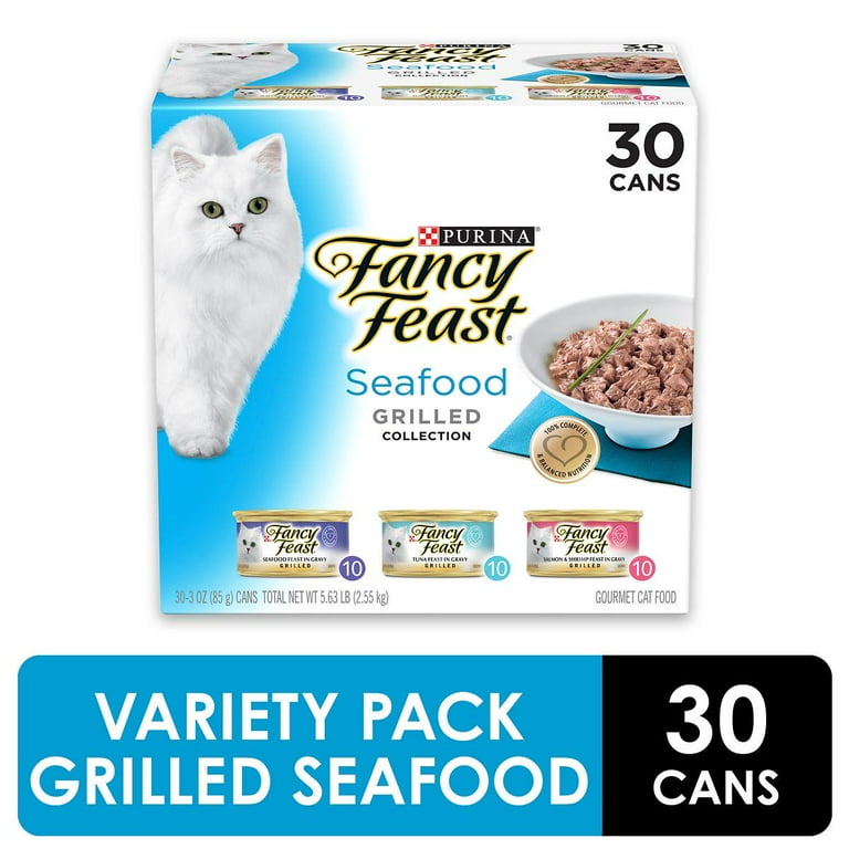 Fancy Feast All Life Stages Grilled Seafood Tuna Salmon and Shrimp in Gravy Wet Cat Food Variety Pack 3 oz. Can Pack of 30