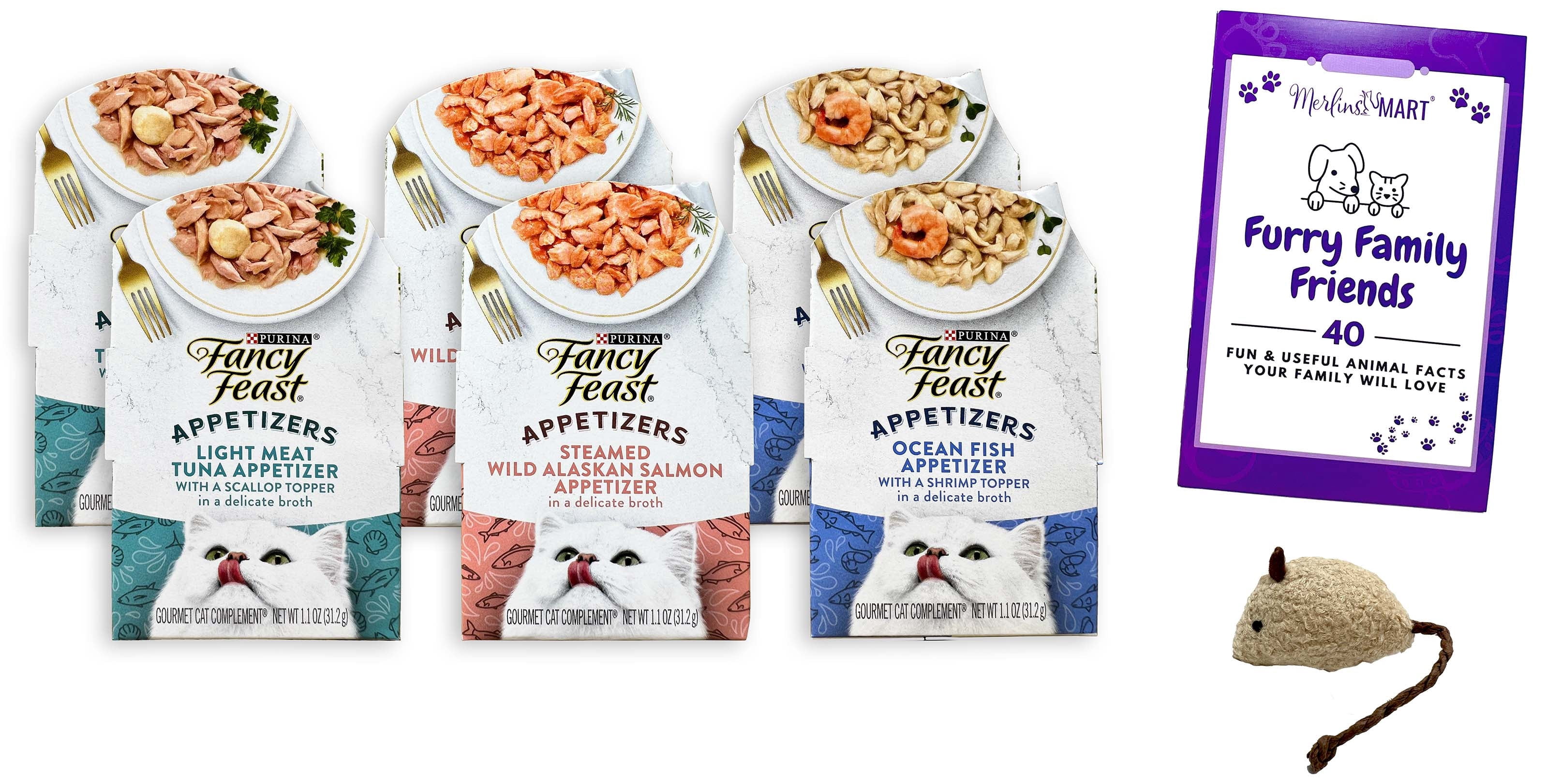Fancy Feast Appetizers Wet Cat Food Variety - 3 flavors - 2 each: Ocean Fish, Salmon, Tuna (1.1 oz.) + MerlinsMart Zine | Catnip Toy