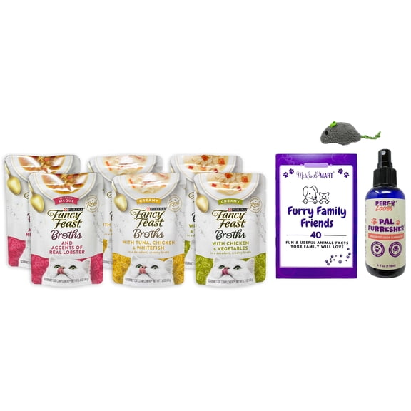 Fancy Feast Broths Adult Cat Food Topper Variety Pack  Lobster, Tuna Chicken & Whitefish, Chicken & Vegetable  6 Pouches (2 Each) | MerlinsMart Zine & Percy Loves Pal Furresher