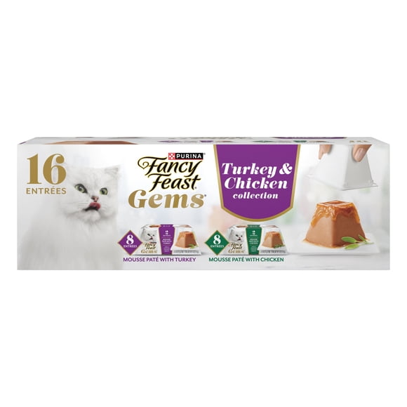 Purina Fancy Feast Gems Turkey & Chicken Flavor Mousse Pate Wet Cat Food Variety Pack, 2 oz Tubs (16 Pack)