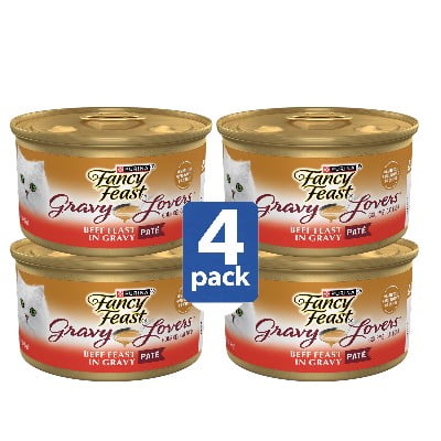Fancy Feast Gravy Lovers Wet Cat Food, Beef Feast Pate in Gravy, 4 Pack 3 oz Cans, Gourmet Soft Cat Food