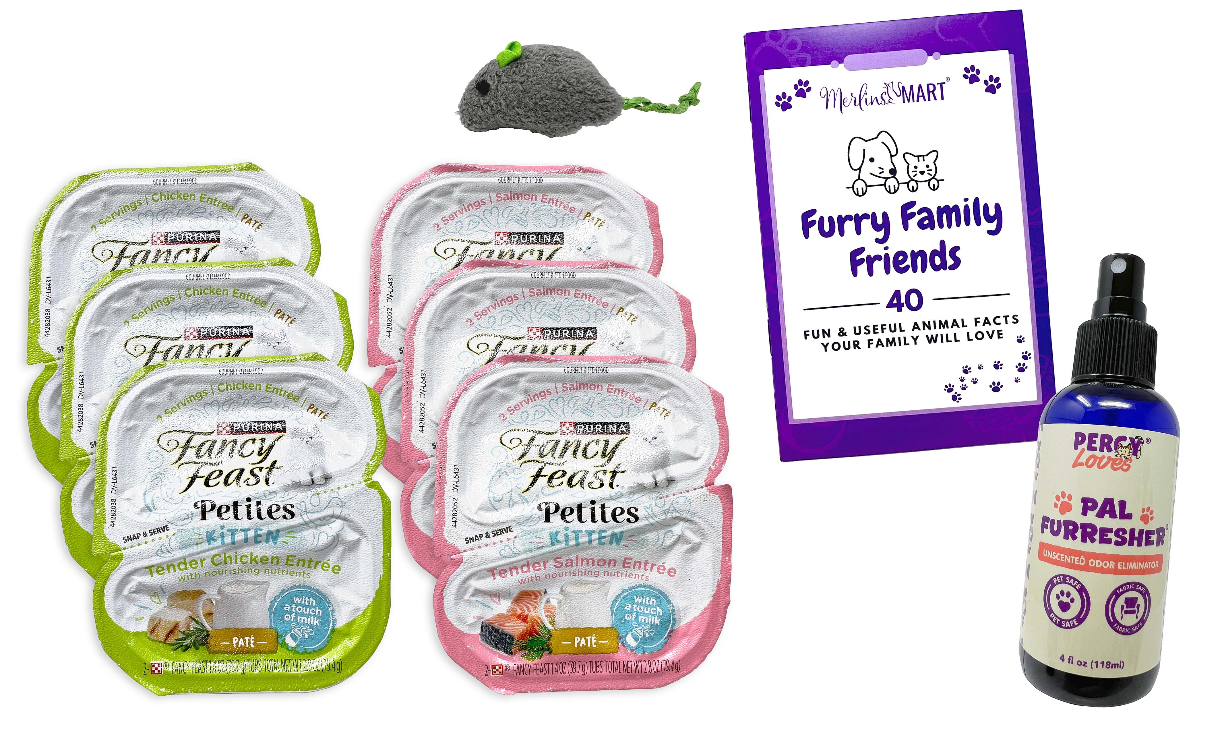 Fancy Feast Kitten Petites - 2 Flavors: Tender Chicken & Tender Salmon | Percy Loves Pal Furresher, Catnip Toy, & MerlinsMart Zine