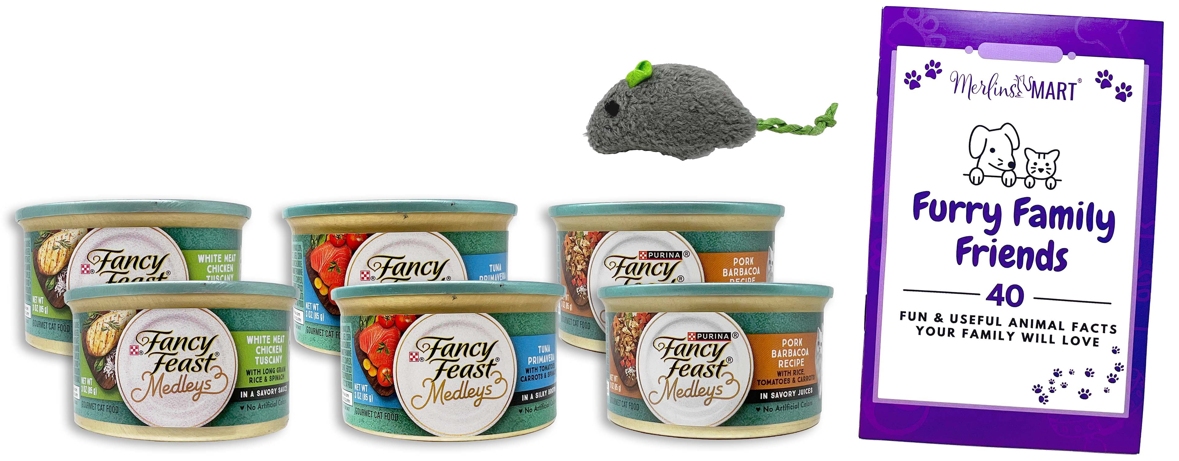 Fancy Feast Medleys Cat Food - 3 Flavors; 2 Each:  White Meat Chicken Tuscany, Tuna Primavera, Pork Barbacoa | MerlinsMart Zine & Catnip Toy