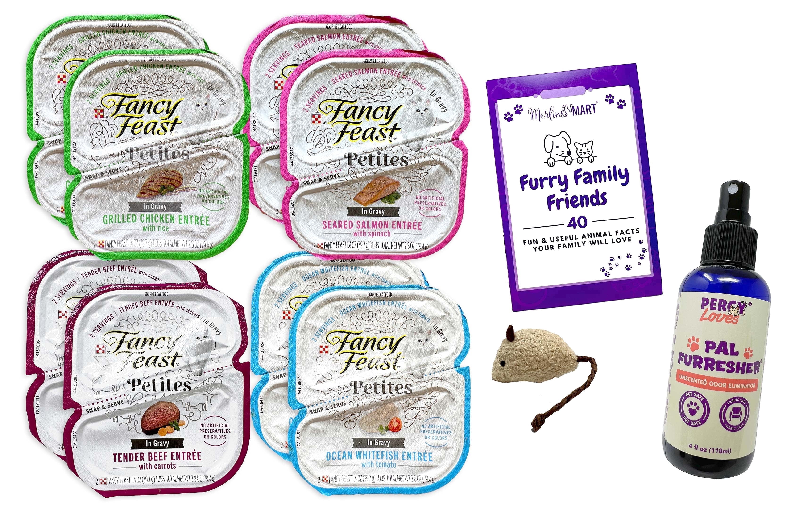 Fancy Feast Petites Adult Cat Food Sampler - 4 Flavors: Chicken, Seared Salmon, Tender Beef, & Ocean Whitefish | 2 Each | Percy Loves Pal Furresher, Cat Toy, & MerlinsMart Zine