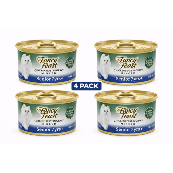 Fancy Feast Senior Wet Cat Food 7+ Chicken Feast in Gravy Minced, 3.5 oz Cans (4 Pack), Gourmet Cat Food for Senior Cats