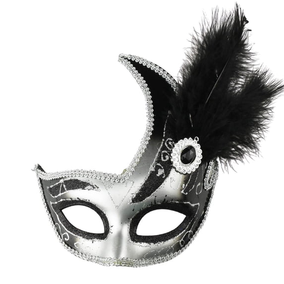 Fancy Feather and Gemstone Accent Mask, 10-1/4-Inch x 6-3/4-Inch - Black