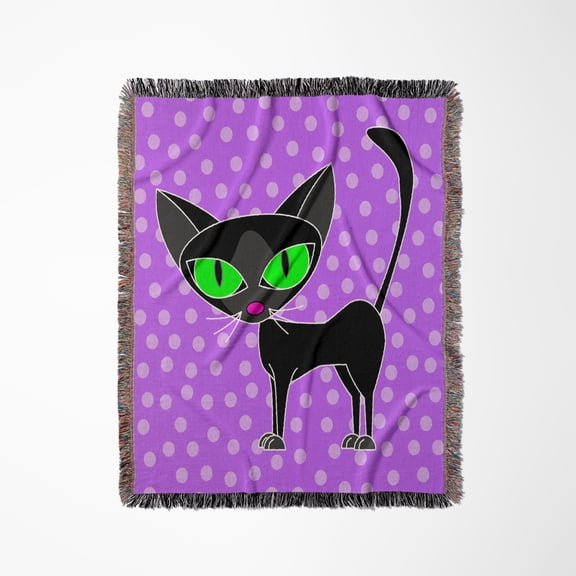 Fancy Feline Black Cat Design In Purple, Woven Blanket