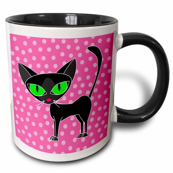3drose, Fancy Feline Black Cat Pink Dots Design, 15oz Two-tone Black Mug