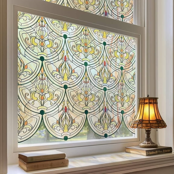 Fancy-Fix 3D Stained Glass Window Film for Bathroom,Front Door,Home, Sun Blocking Heat Control,Static Cling, Golden Ironwork 17.5 x 47.24inch