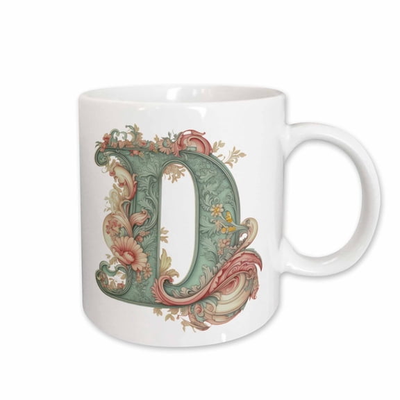 3drose, Fancy Floral Flourish Monogram Initial D, 11oz Mug