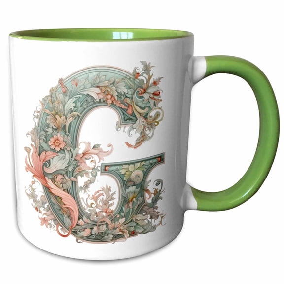 3drose, Fancy Floral Flourish Monogram Initial G, 11oz Two-tone Green Mug