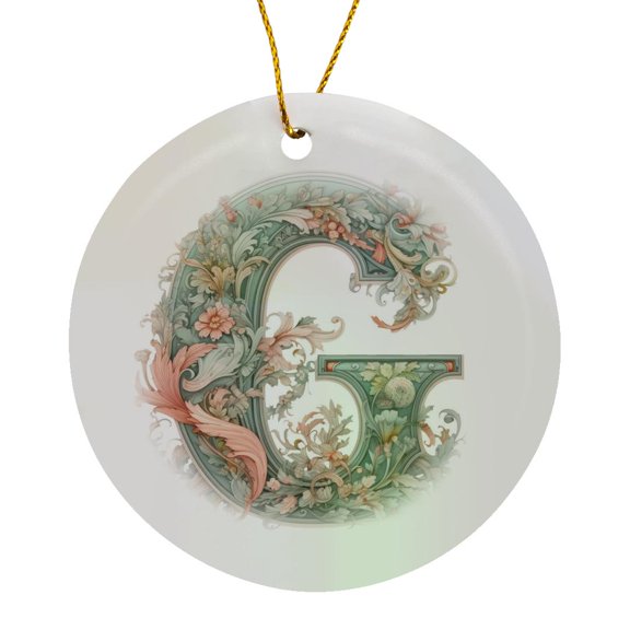 3drose, Fancy Floral Flourish Monogram Initial G, Circle Porcelain Ornament