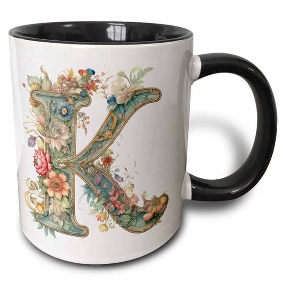 3drose, Fancy Floral Flourish Monogram Initial K, 11oz Two-tone Black Mug